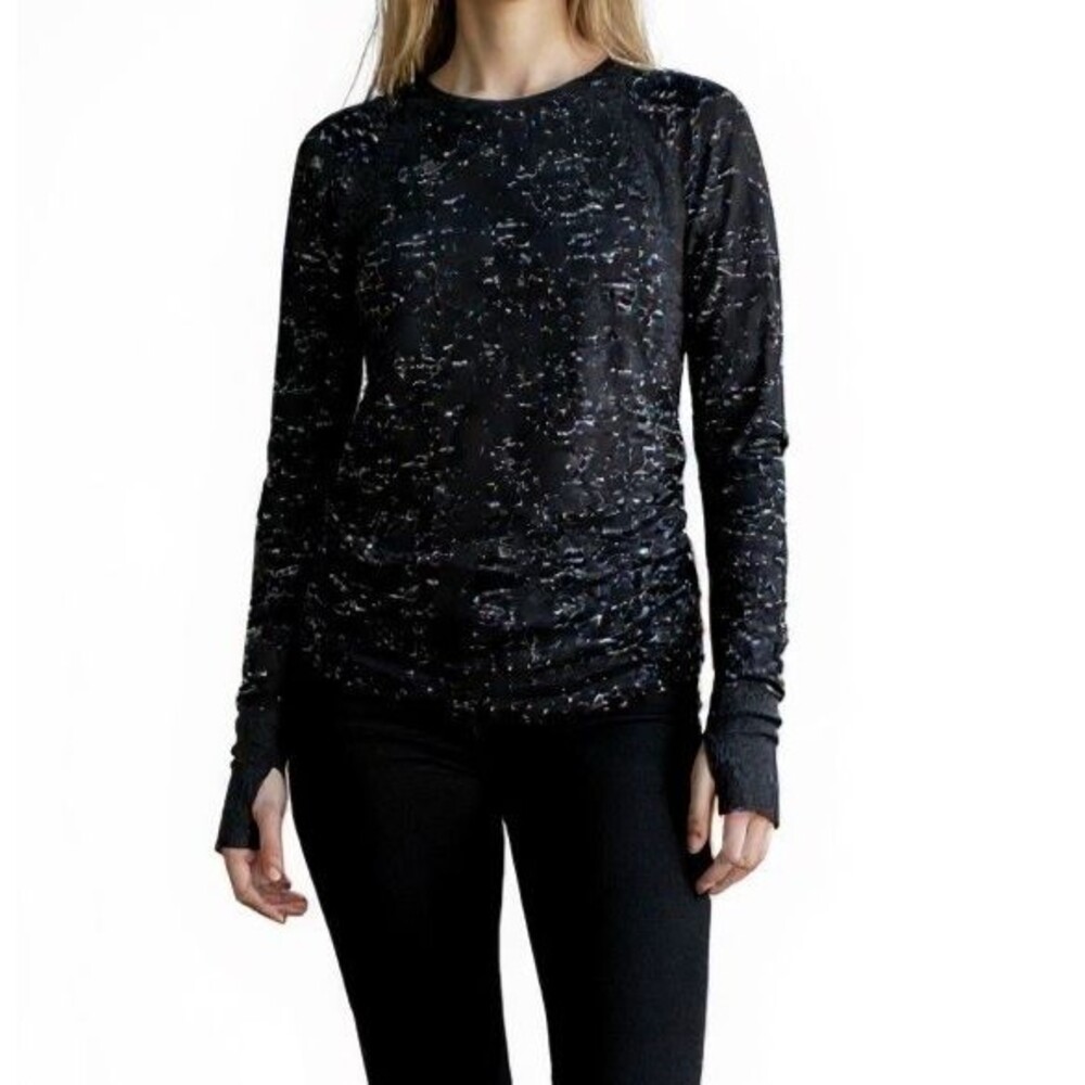 Athleta Speedlight Speckled Long Sleeve Top Shirt XS Black Ruched Thumbholes Top